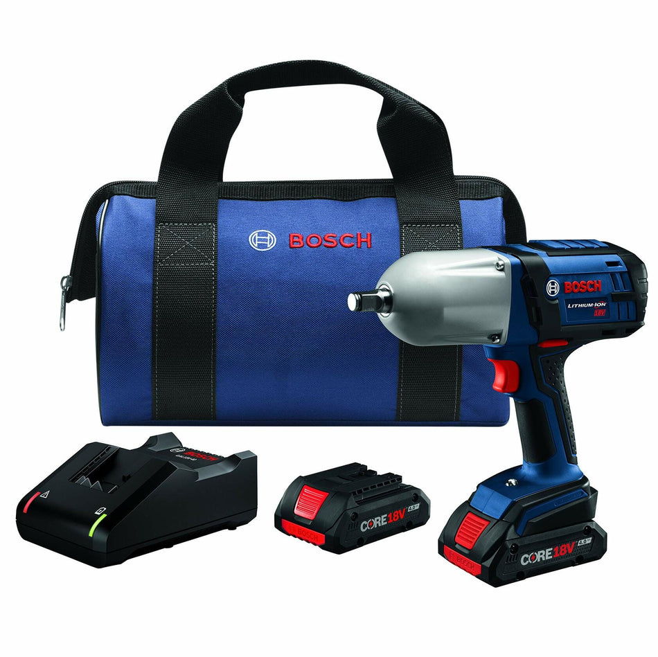 The complete Bosch IWHT180-B25 18V impact wrench kit, including the tool, two CORE18V 4.0Ah batteries, a charger, and the blue Bosch carrying bag.