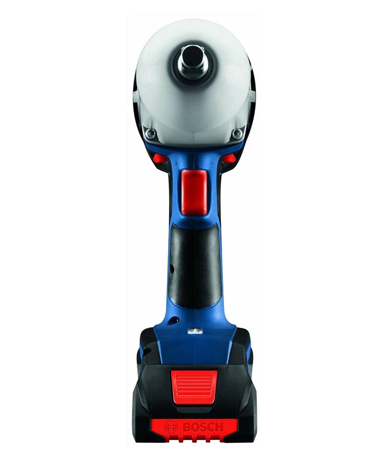 A top-down studio shot of the Bosch IWHT180 impact wrench, showing the 1/2-inch friction ring anvil, trigger, and battery slot.