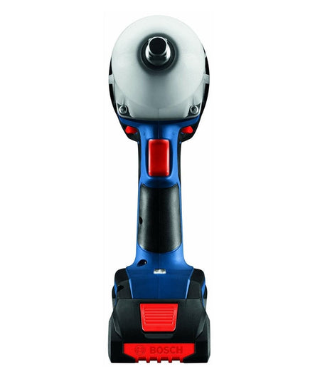 A top-down studio shot of the Bosch IWHT180 impact wrench, showing the 1/2-inch friction ring anvil, trigger, and battery slot.