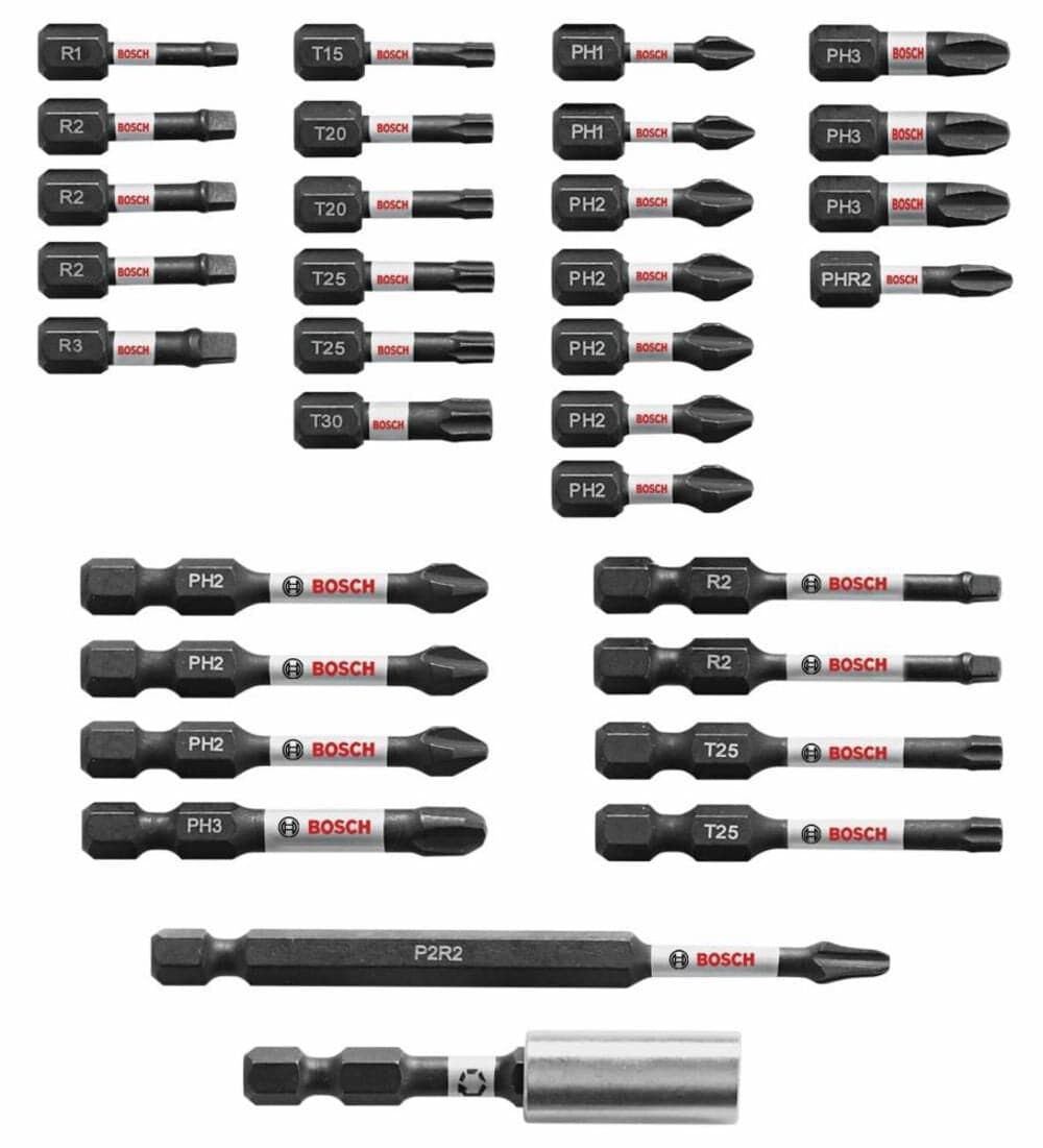 Studio layout of the bit set contents arranged in rows by type including Phillips, Square, and Torx bits, plus a magnetic bit holder.