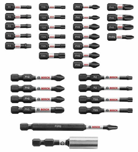 Studio layout of the bit set contents arranged in rows by type including Phillips, Square, and Torx bits, plus a magnetic bit holder.