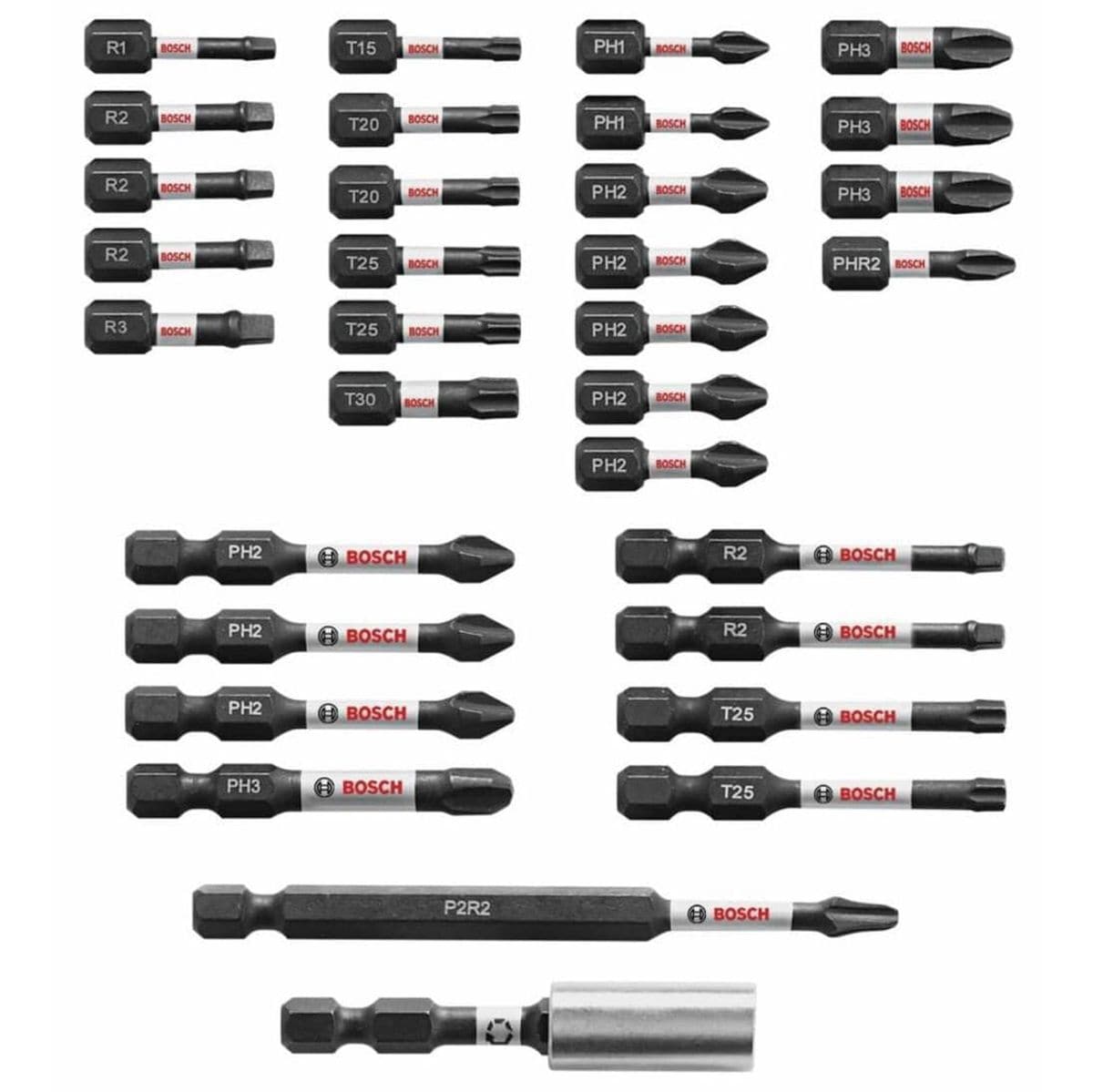 Studio layout of the bit set contents arranged in rows by type including Phillips, Square, and Torx bits, plus a magnetic bit holder.