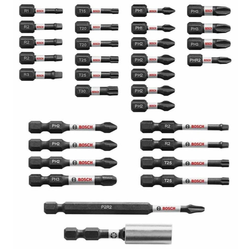Studio layout of the bit set contents arranged in rows by type including Phillips, Square, and Torx bits, plus a magnetic bit holder.