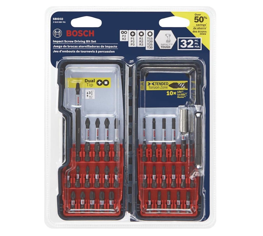 Front view of the retail packaging showing the 32-piece Impact Tough bit set inside a custom case with a clear lid and Bosch branding.