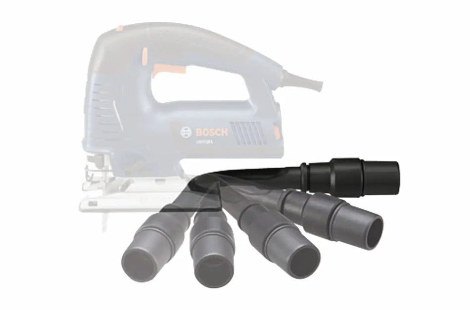 Studio graphic showing the Bosch JA1012 articulating dust nozzle in multiple positions to demonstrate its range of motion, superimposed over a faded background image of a jig saw.