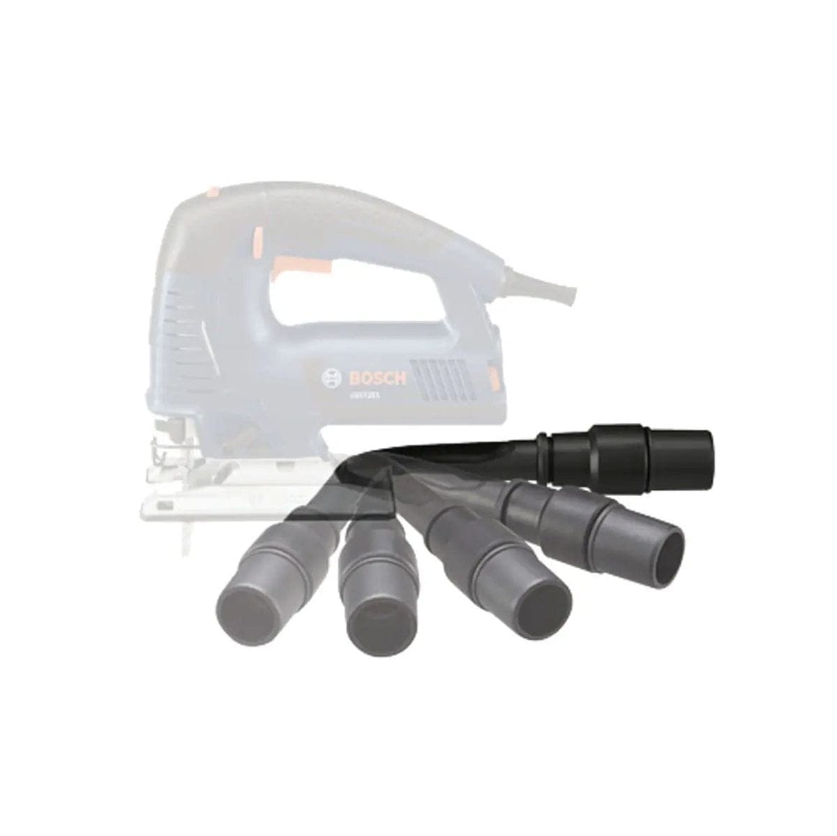 Studio graphic showing the Bosch JA1012 articulating dust nozzle in multiple positions to demonstrate its range of motion, superimposed over a faded background image of a jig saw.