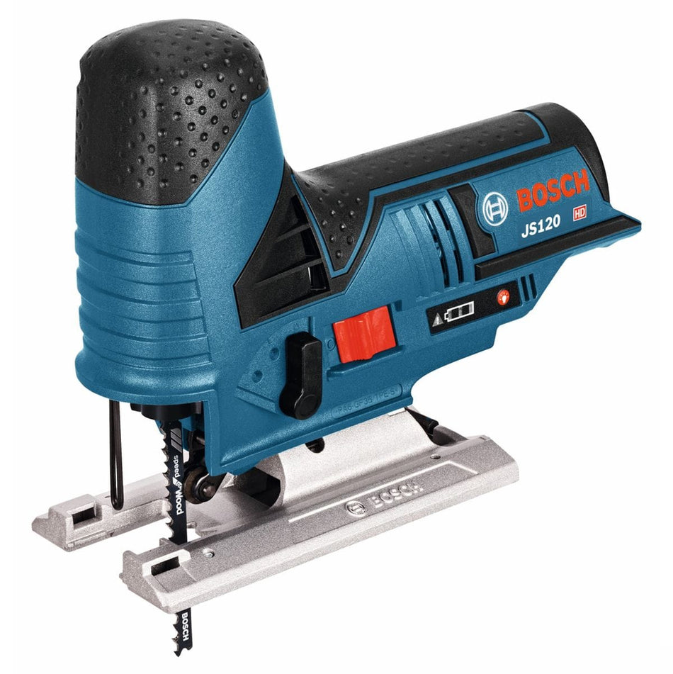 A professional product photo of the Bosch JS120N-RT 12V Max cordless barrel grip jig saw, showcasing its compact, ergonomic blue and black design with a T-shank blade installed.