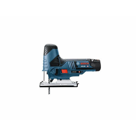 A clean side profile of the Bosch 12V Max barrel grip jig saw on a white background, highlighting its lightweight, portable frame and easy-access red orbital settings switch.