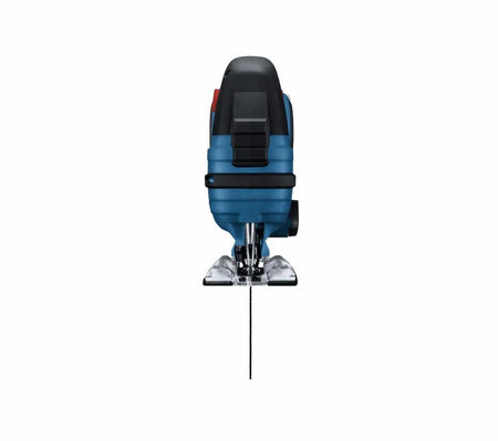 A front-facing view of the Bosch JS120N-RT jig saw, emphasizing the slim profile of the barrel grip and the precision-aligned T-shank blade designed for clinical accuracy.