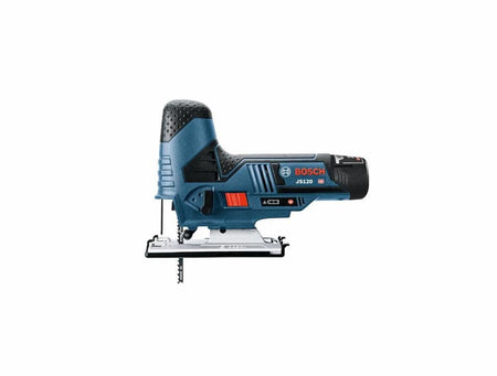 A high-resolution side view of the Bosch cordless jig saw, demonstrating the compact tool length and integrated LED light interface for superior visibility in darker work areas.