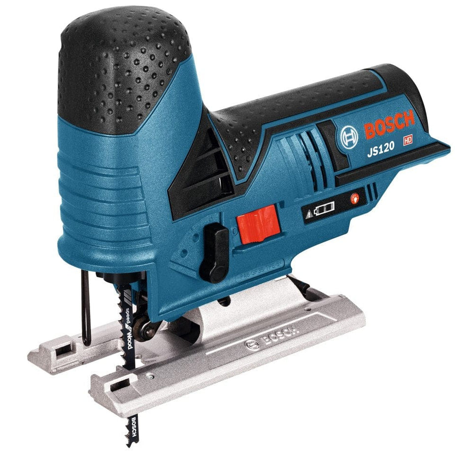 A side profile view of the Bosch JS120N 12V Max cordless barrel-grip jig saw, featuring a compact blue and black ergonomic body, a silver die-cast aluminum footplate with a black no-mar plastic overshoe, and a T-shank blade inserted.