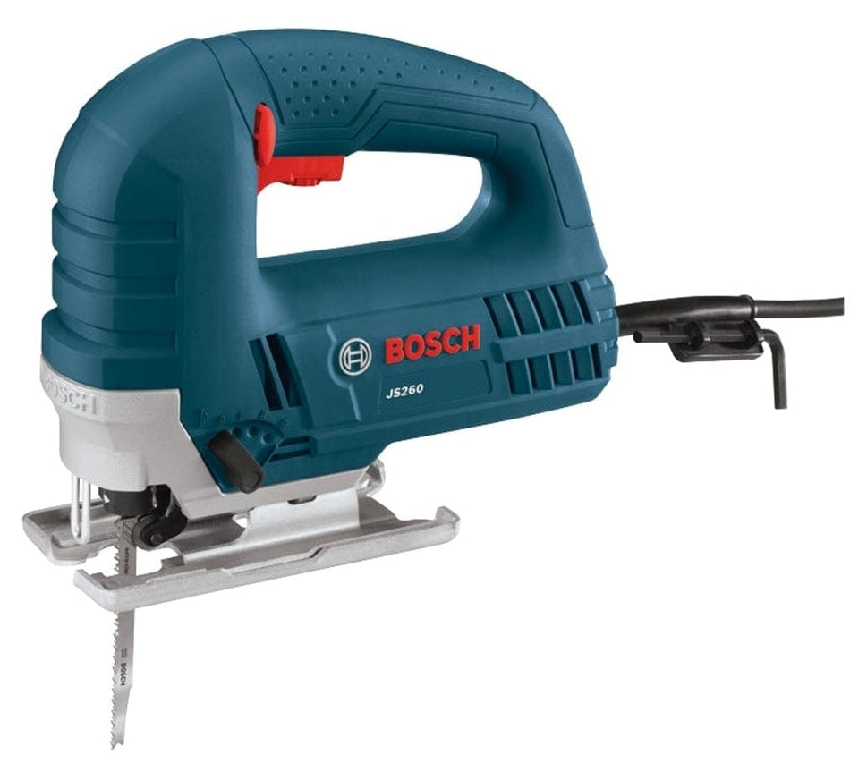 Bosch JS260 jigsaw with flat base plate and vertical blade; red trigger and corded power supply visible.
