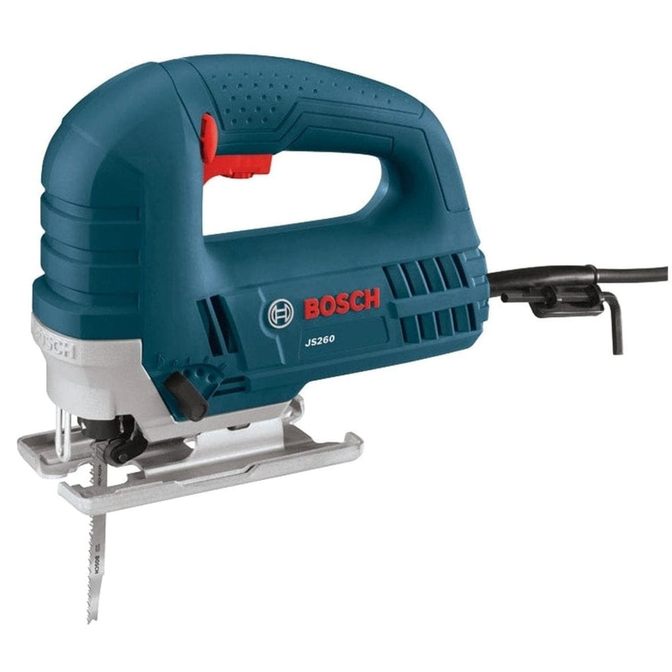 Bosch JS260 jigsaw with flat base plate and vertical blade; red trigger and corded power supply visible.
