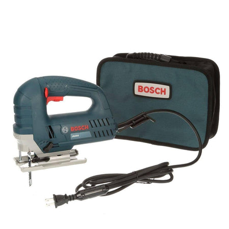Bosch JS470E jigsaw displayed with blue carrying case; corded power tool shown with red trigger and blade.