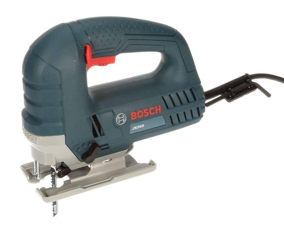 Bosch JS260 jigsaw with comfortable grip and blade mounted at base; branding and model number clearly visible.