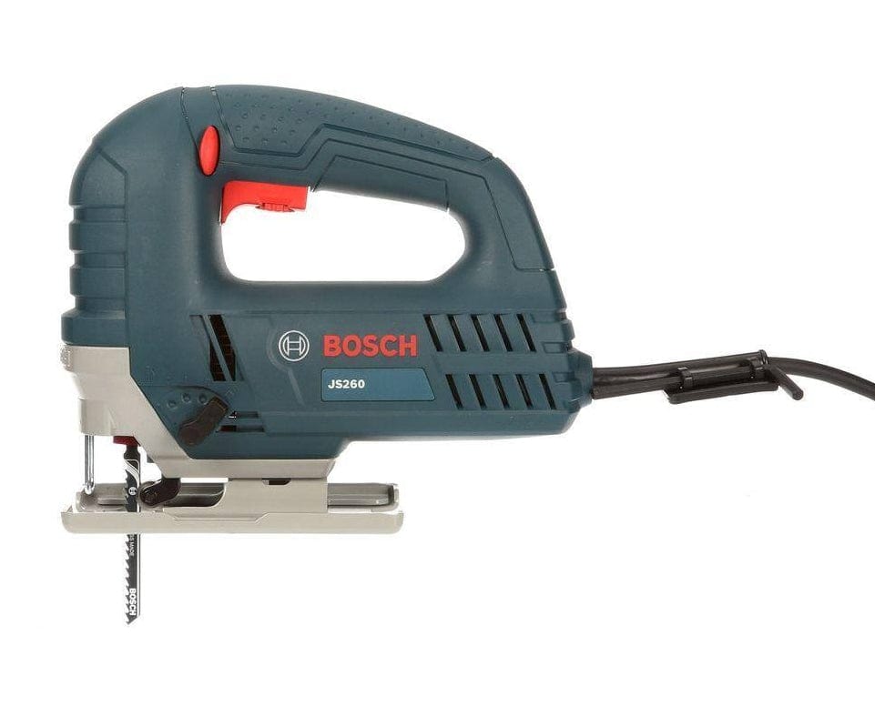 Bosch JS260 jigsaw with red trigger and visible blade; corded design shown on blue and black body.