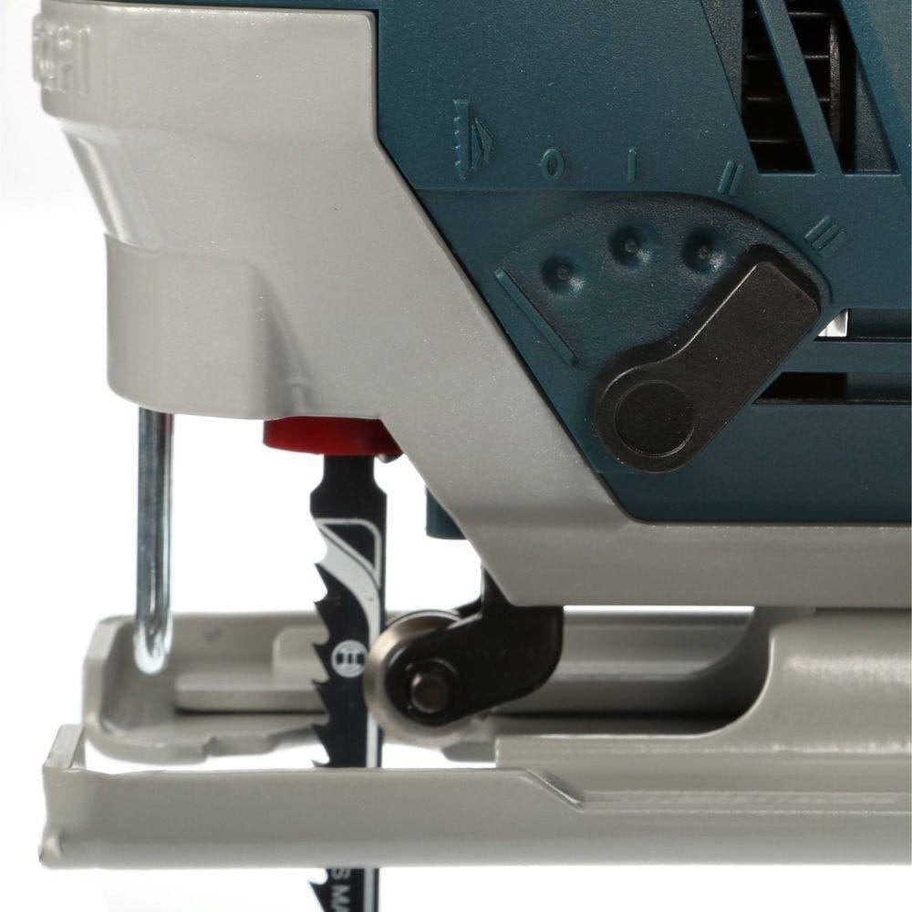 Close-up of Bosch jigsaw blade assembly and adjustment controls; red release button and orbital action dial visible.
