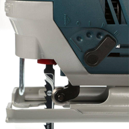 Close-up of Bosch jigsaw blade assembly and adjustment controls; red release button and orbital action dial visible.
