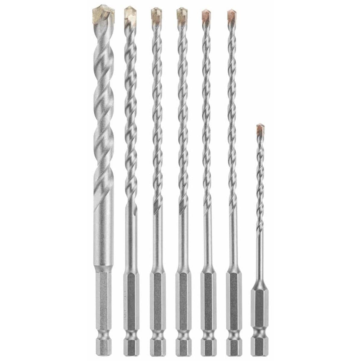 A direct catalog product shot showing the complete Bosch LBHXS7U 7-Piece Hex Shank Hammer Drill Masonry Bit Set arranged vertically from largest diameter to smallest against a solid white background. The collection displays the bright silver steel construction of each impact-rated percussion drill bit, showcasing the specialized asymmetric carbide cutting tips on top and the rugged 1/4-inch quick-change hex shanks at the base.