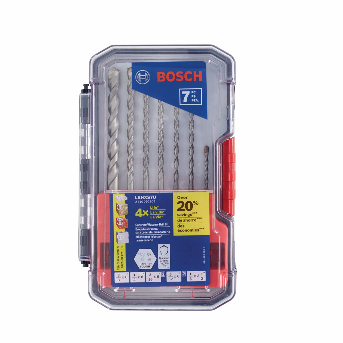 A front-facing view of the retail package for the Bosch LBHXS7U 7-piece concrete drill bit set. The clear plastic protective storage case reveals the neatly organized hex shank masonry bits nested inside, featuring an informative blue and yellow cardboard insert panel that highlights key marketing messages including a 4X extended life metric, impact driver compatibility data, and exact diameter size measurements.