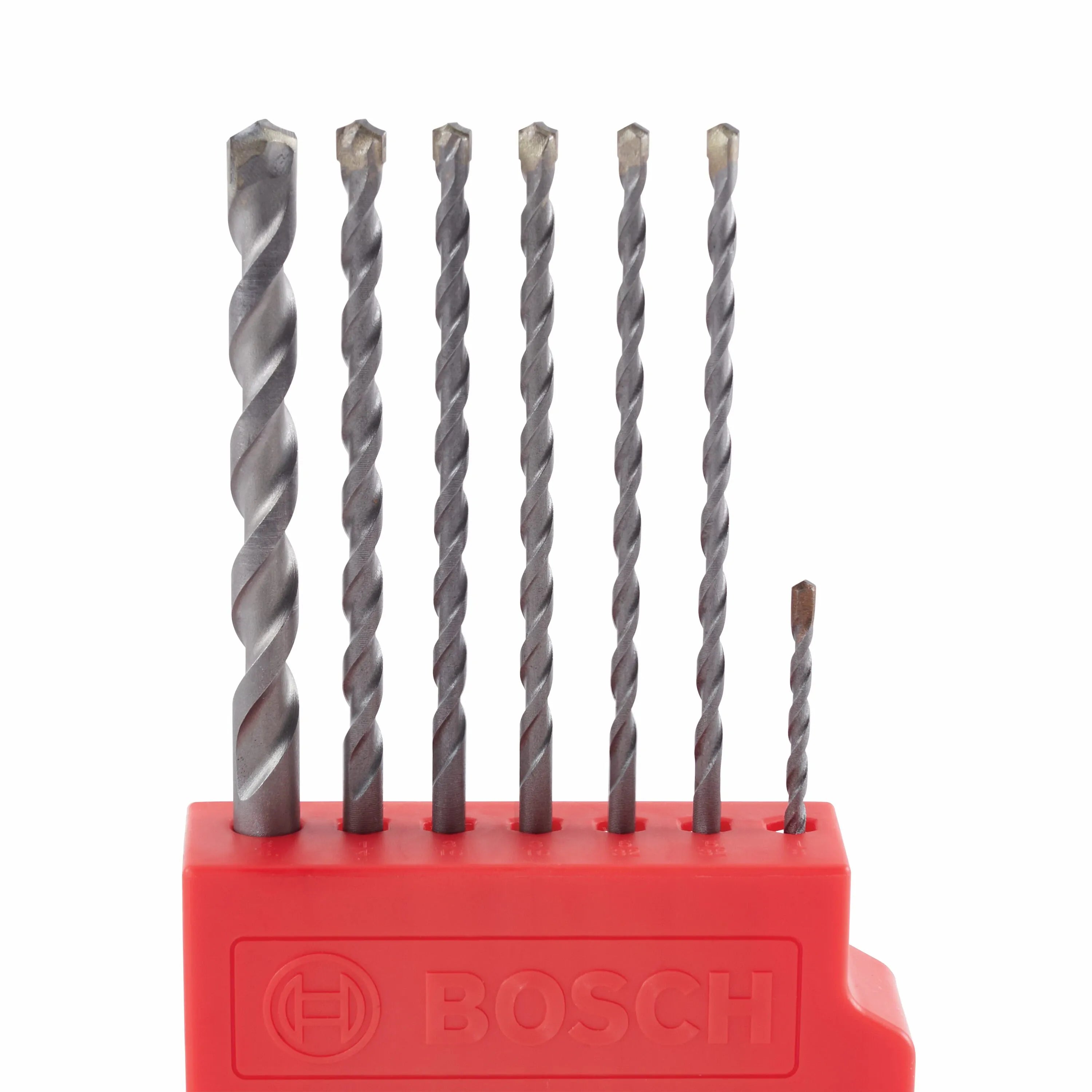 A close-up catalog shot capturing the Bosch LBHXS7U impact-rated masonry drill bits arranged neatly inside an open red plastic organizer index base. Standing vertically against a clean white backdrop, the layout clearly highlights the progressive step-down in sizing across the silver steel bit flutes and industrial-grade carbide tips.