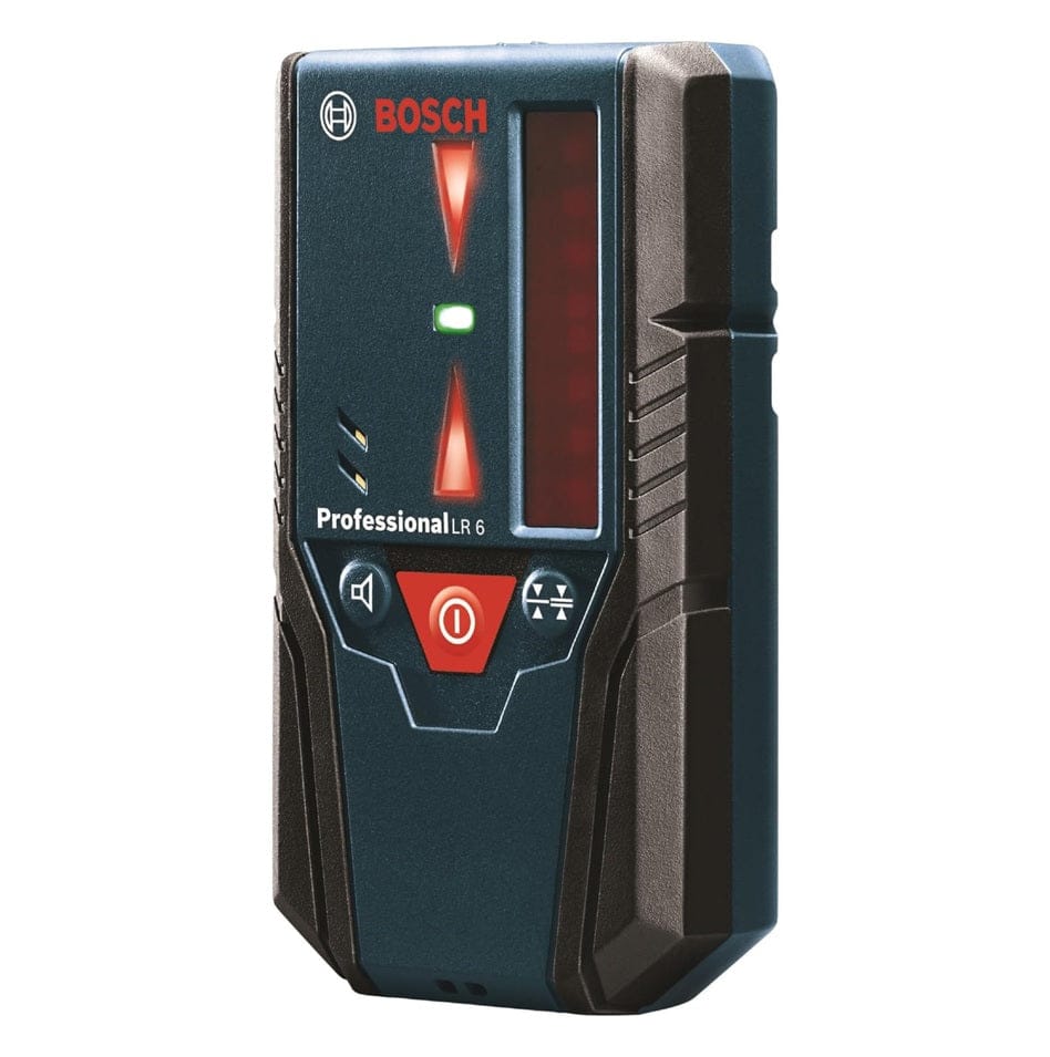 A studio shot of the Bosch LR6 professional red-beam line laser receiver highlighting the front interface with LED indicators and a compact, ergonomic design for jobsite leveling.