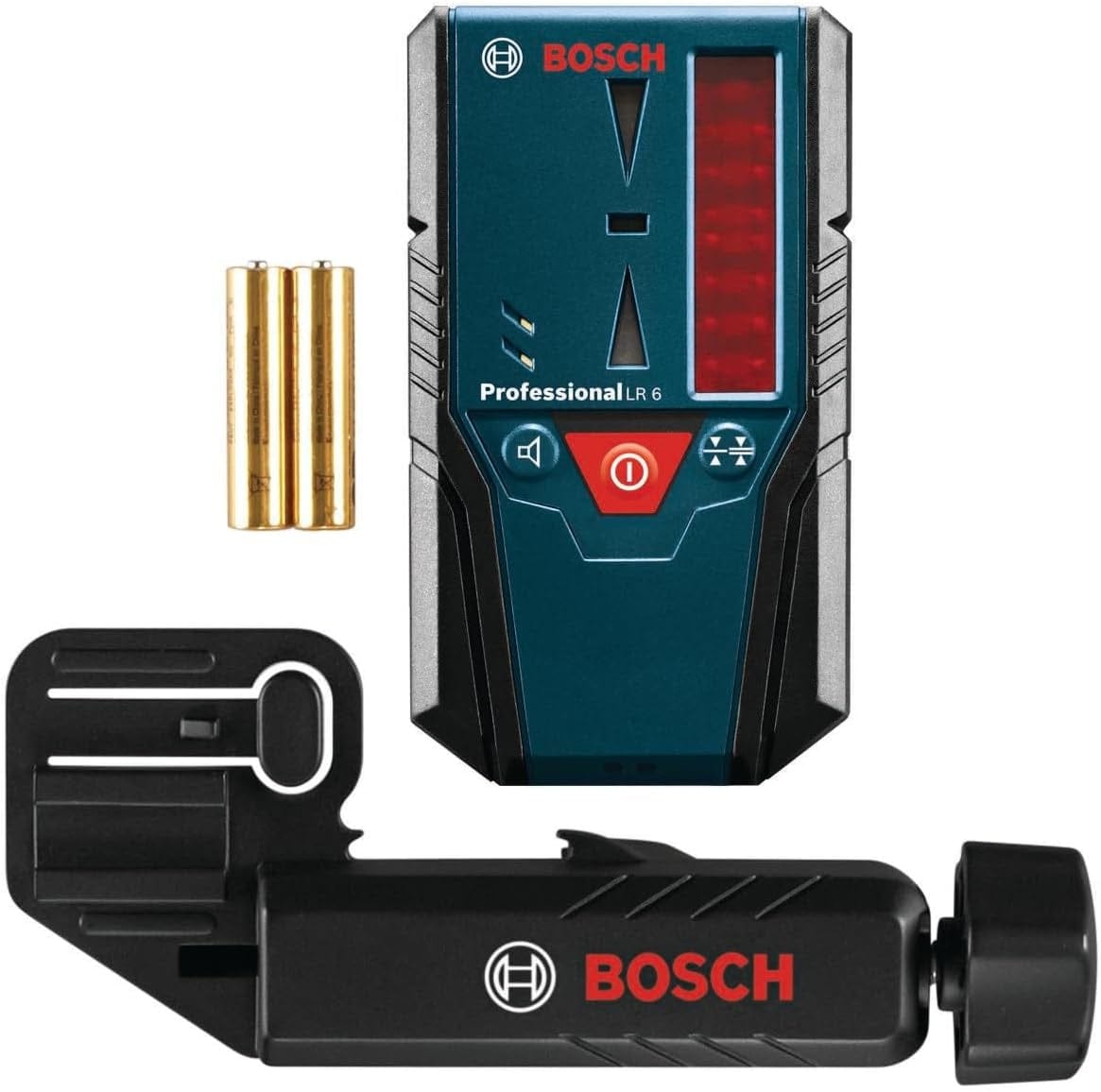 The Bosch LR6 laser receiver kit shown with its included quick-release mounting bracket and two AAA batteries against a white background.