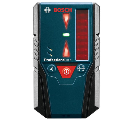 The Bosch LR6 line laser receiver interface displaying active red LED arrow indicators that guide the user to the center on-grade position.