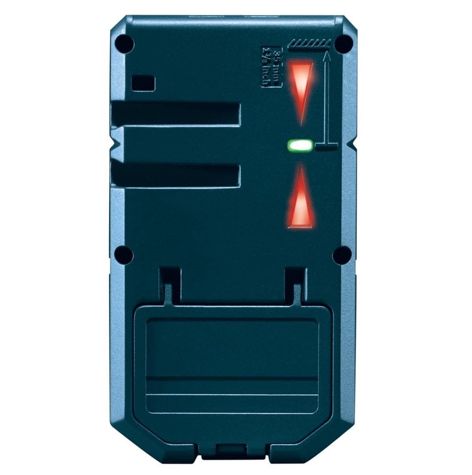 Rear view of the Bosch LR6 laser receiver showing the secondary LED indicator lights and the battery compartment for mobile power on the jobsite.