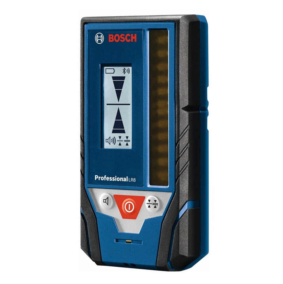 A front perspective view of the Bosch LR8 professional line laser receiver, featuring a large digital backlit display with on-grade indicators and a rugged blue and black housing for jobsite durability.