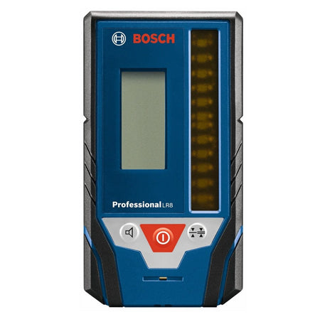 Full front view of the Bosch LR8 digital laser detector highlighting the compact ergonomic design and clear branding for professional leveling and alignment applications.