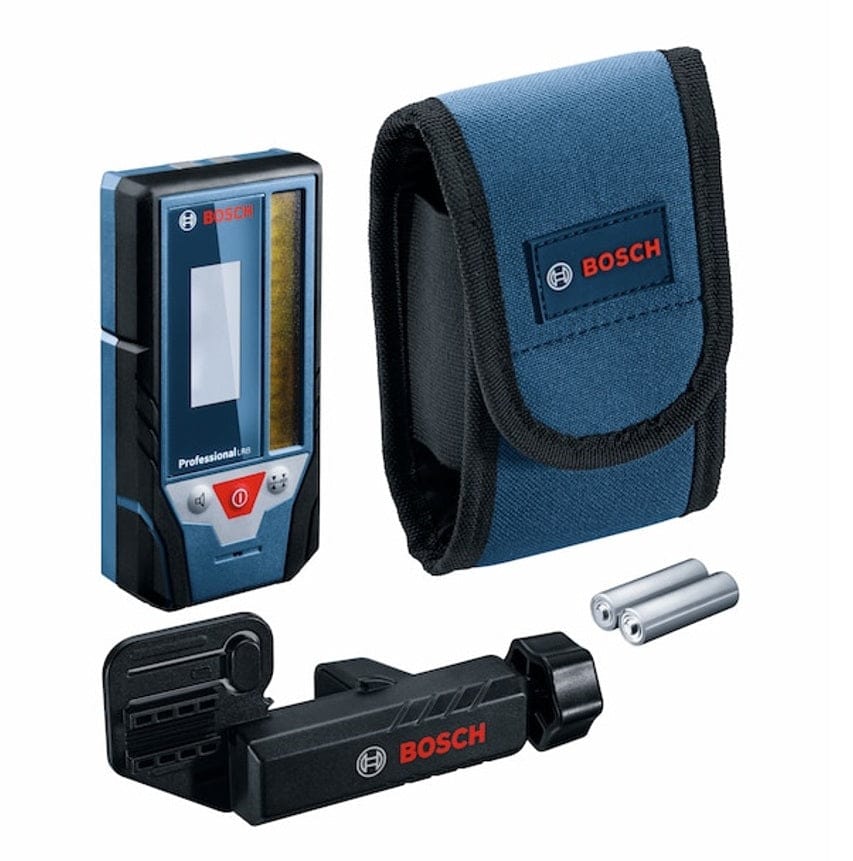 The complete Bosch LR8 laser receiver kit including the digital detector, a heavy-duty protective belt pouch, two AA batteries, and a quick-release mounting bracket.