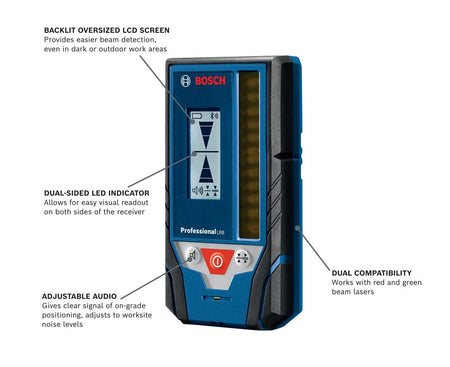 An informative product infographic for the Bosch LR8 highlighting key features such as the oversized backlit LCD screen, dual-sided LED indicators, adjustable audio signals, and red/green beam dual compatibility.