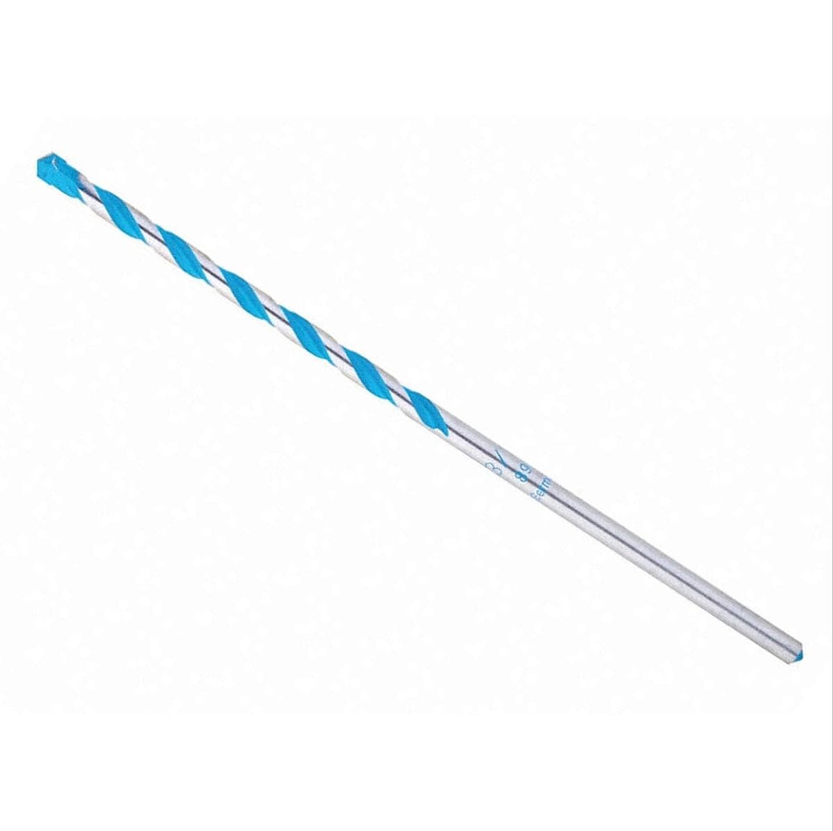 Angled view of the Bosch Multi-Construction drill bit featuring distinctive blue spiral flutes and a carbide tip.