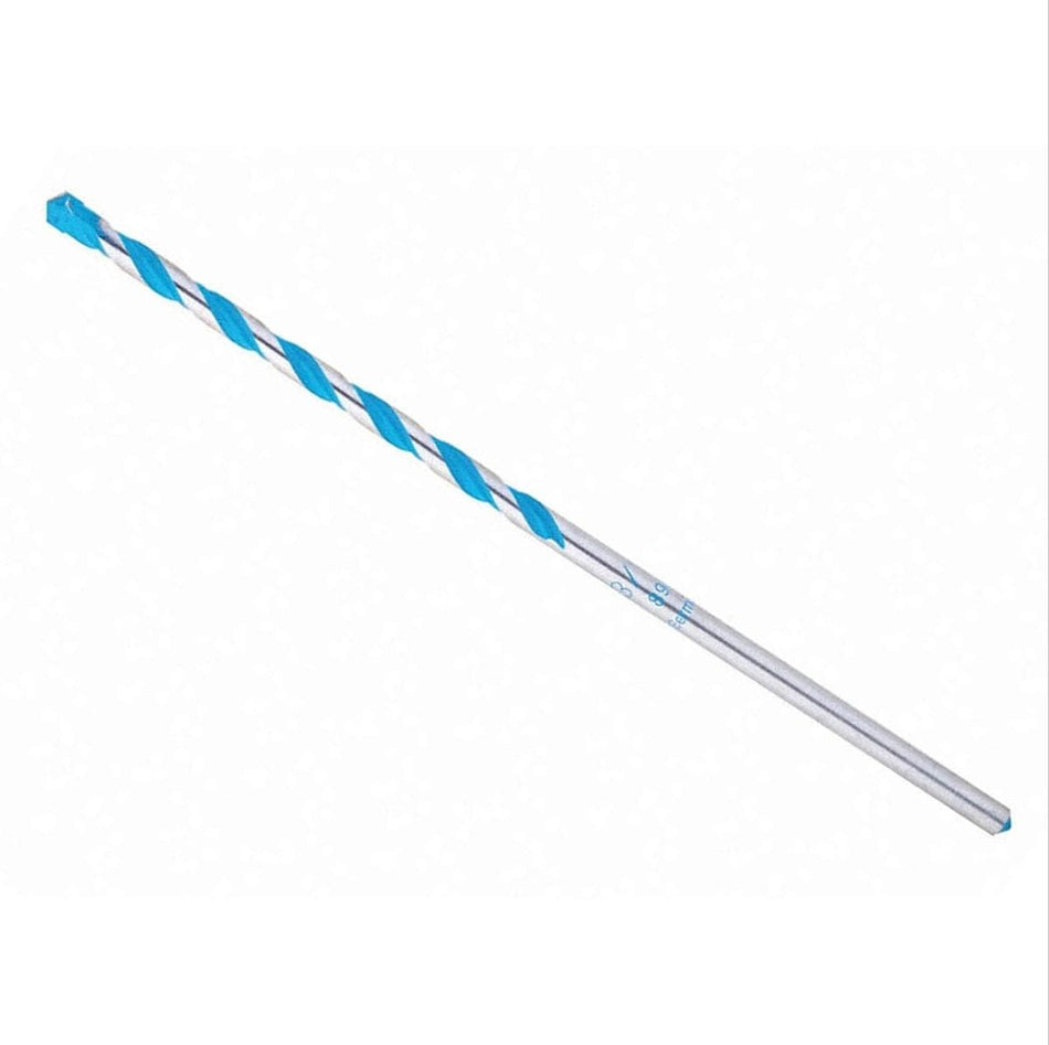 Angled view of the Bosch Multi-Construction drill bit featuring distinctive blue spiral flutes and a carbide tip.