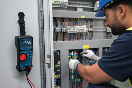 A real-world jobsite application showing an HVAC technician or industrial electrician troubleshooting components inside a large electrical panel cabinet. The professional uses the Bosch MH1 magnetic mount to suspend a digital multimeter hands-free directly from the cabinet door at eye-level, keeping the test probes free for precise circuit testing.