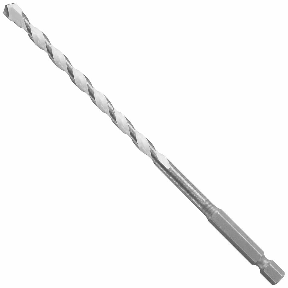 Studio view of the Bosch MP06 1/4 inch multipurpose drill bit featuring white spiral flutes and a hex shank.