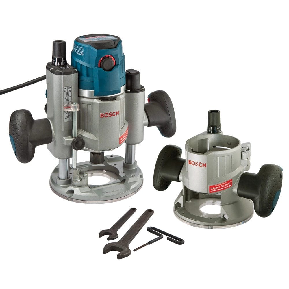 Bosch router set with motor, fixed and plunge bases, wrenches, hex keys, and accessories arranged for woodworking tasks.