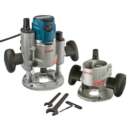 Bosch router set with motor, fixed and plunge bases, wrenches, hex keys, and accessories arranged for woodworking tasks.