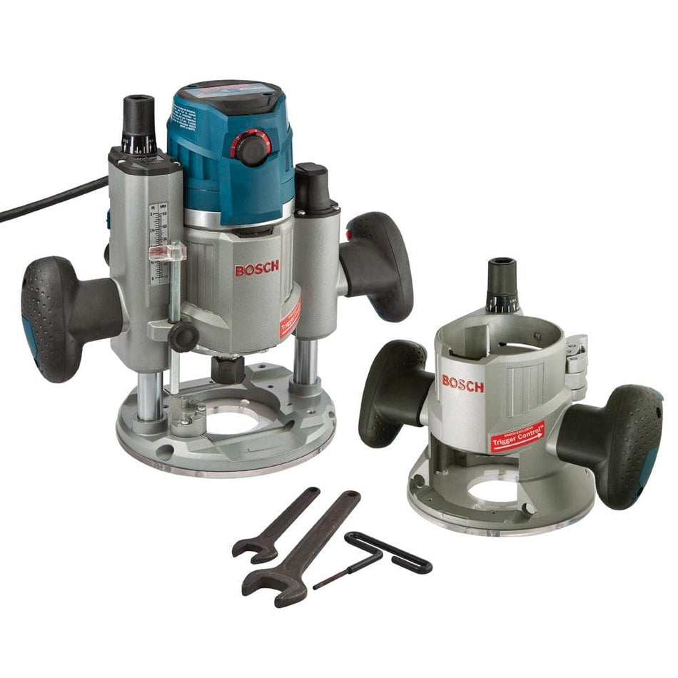 Bosch router set with motor, fixed and plunge bases, wrenches, hex keys, and accessories arranged for woodworking tasks.