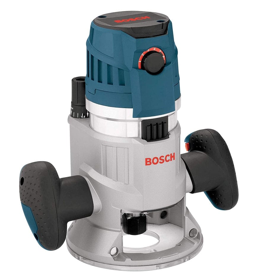 Bosch plunge router with red logo, base plate, and depth adjustment knob; used for edge profiling and groove cutting