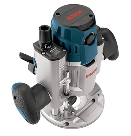 Bosch plunge router with dual handles, depth adjustment knob, and clear base; designed for accurate wood shaping.