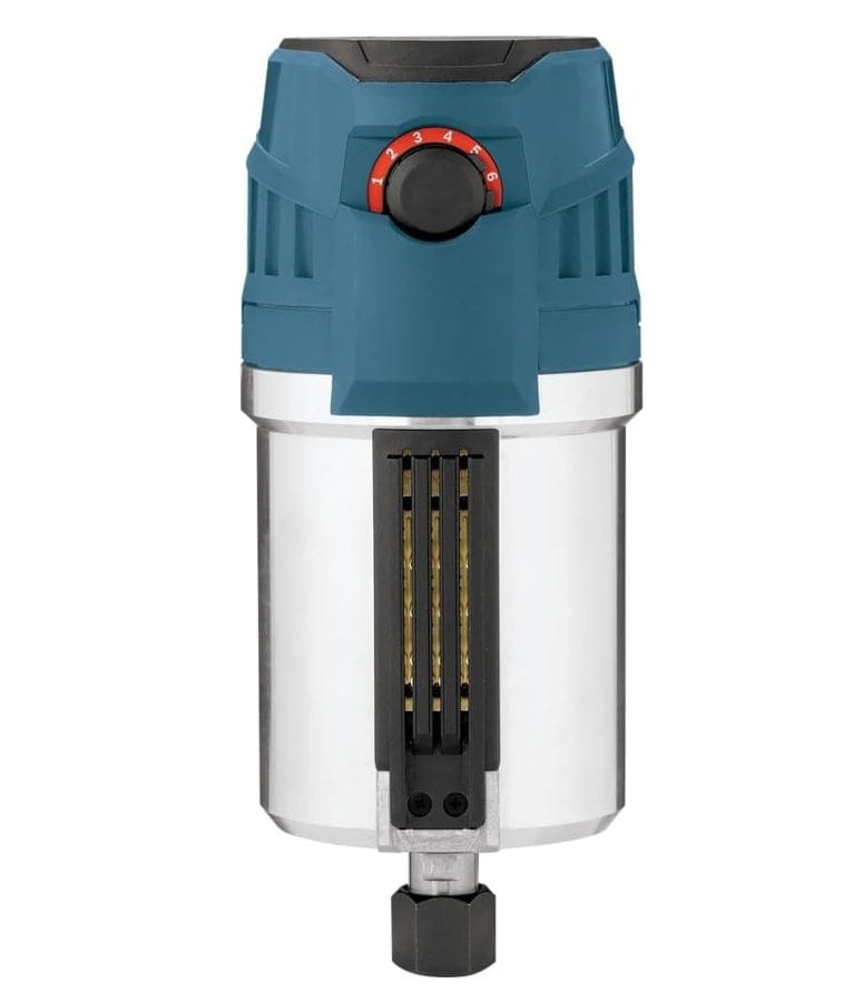 Close-up of Bosch router motor showing variable speed dial, cooling vents, and collet for bit installation.