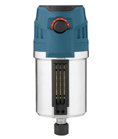 Close-up of Bosch router motor showing variable speed dial, cooling vents, and collet for bit installation.
