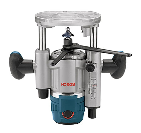 Bosch plunge router with clear base plate, visible router bit, and ergonomic handles for controlled wood cutting.