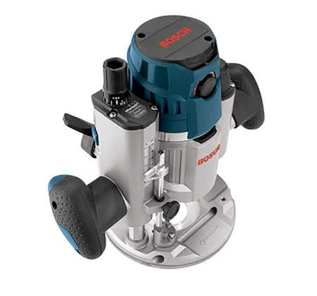 Bosch plunge router with dual handles, depth adjustment knobs, and flat base plate for precision wood routing.