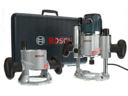 Bosch router kit with motor unit, fixed base, plunge base, and hard carrying case displayed on workshop surface.