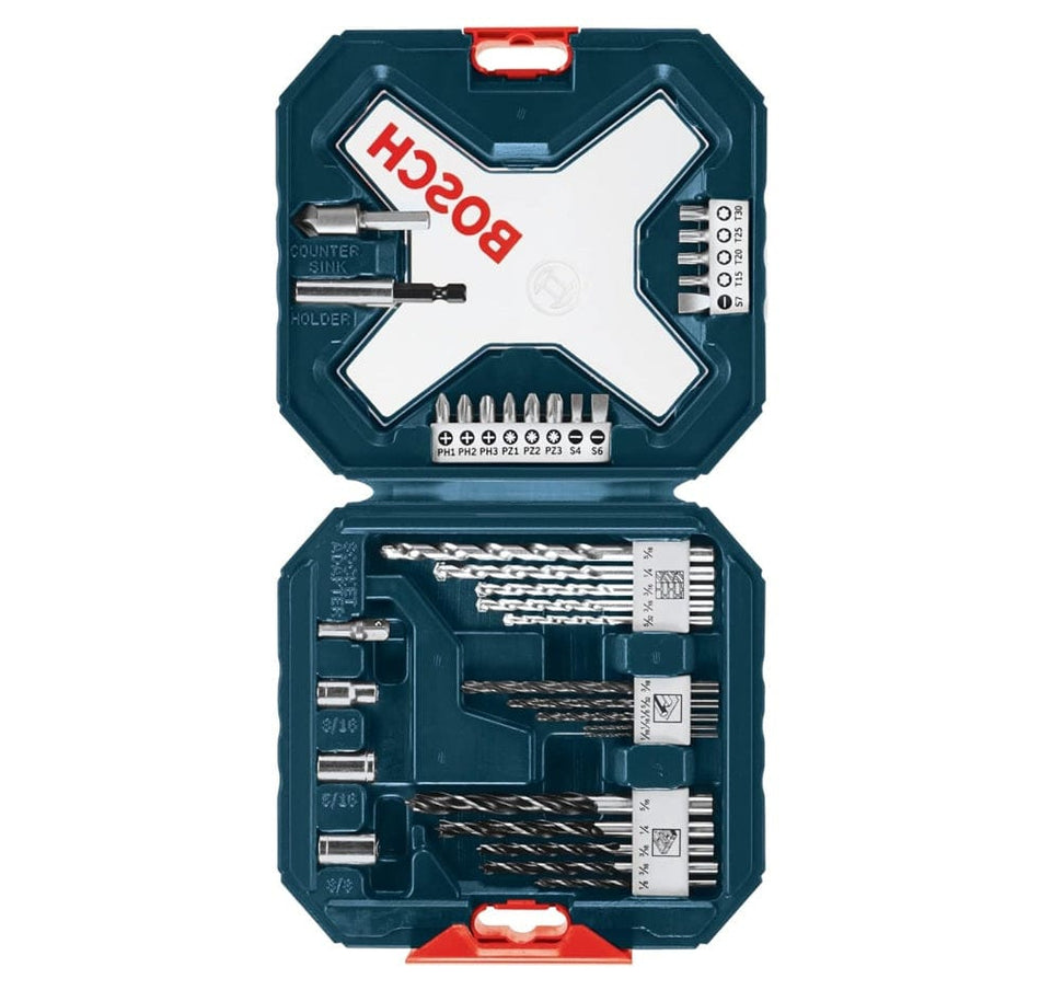 A top-down view of the Bosch MS4034 34-piece drilling and driving mixed bit set inside its open teal storage case, showcasing a variety of driver bits, black oxide drill bits, masonry bits, brad point bits, and sockets.