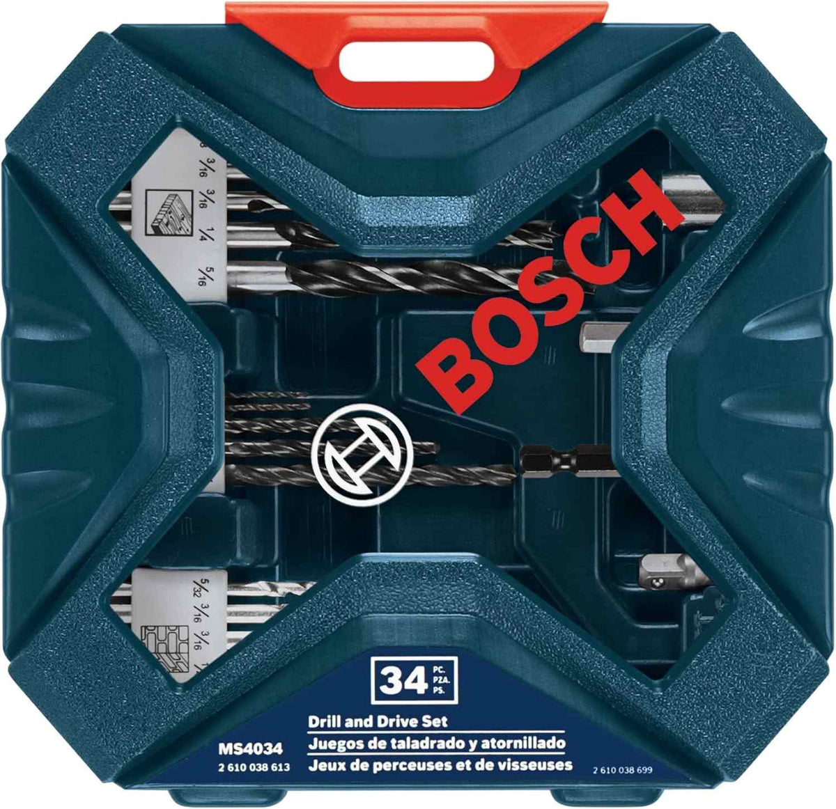 A close-up view of the front of the Bosch MS4034 tough jobsite case, featuring the Bosch logo and clear windows that reveal the organized layout of the high-performance drill and drive bits inside.