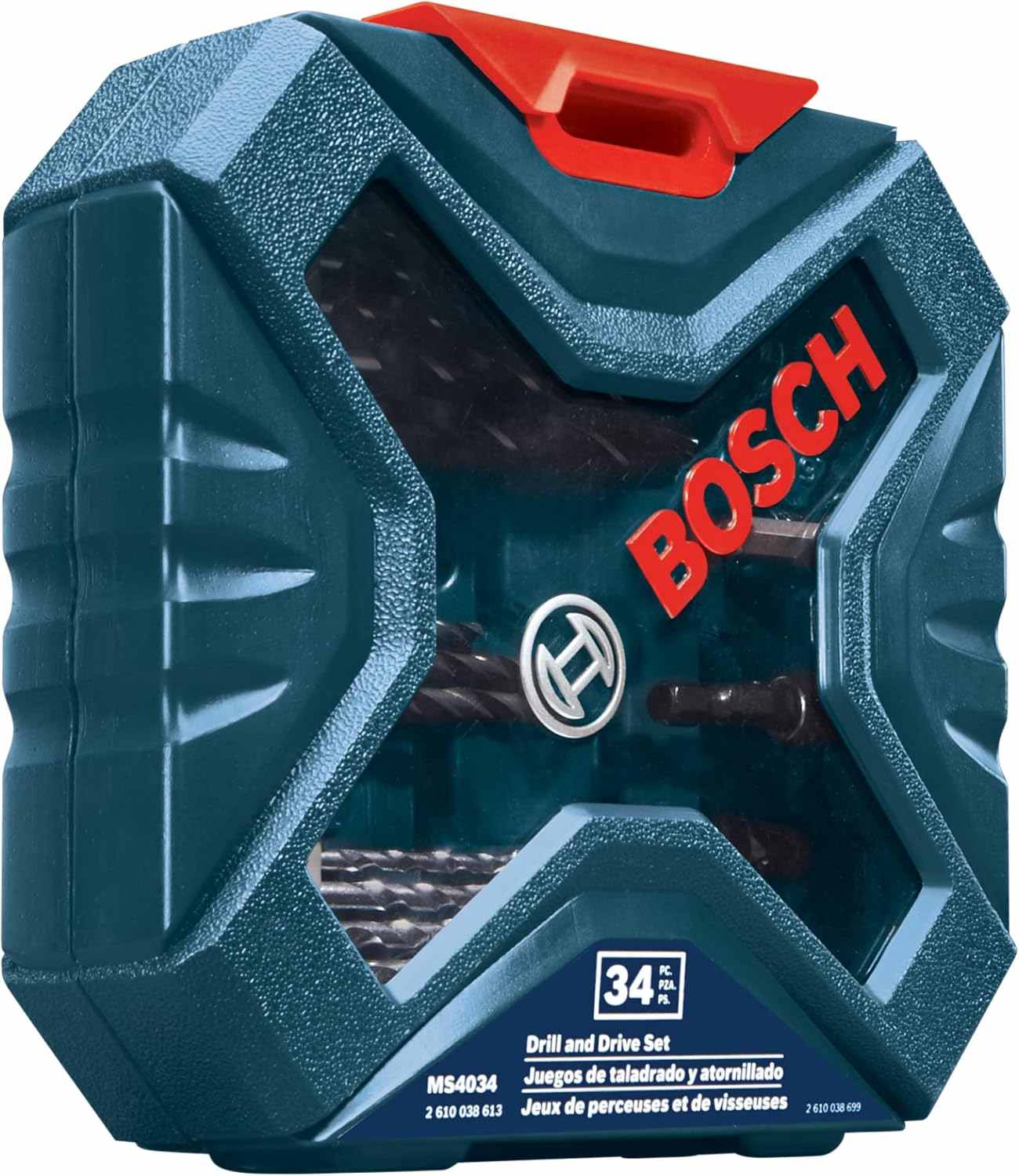 An angled perspective of the closed Bosch MS4034 34-piece mixed bit set case, highlighting the durable, textured teal plastic construction designed for portable secure storage and organization.